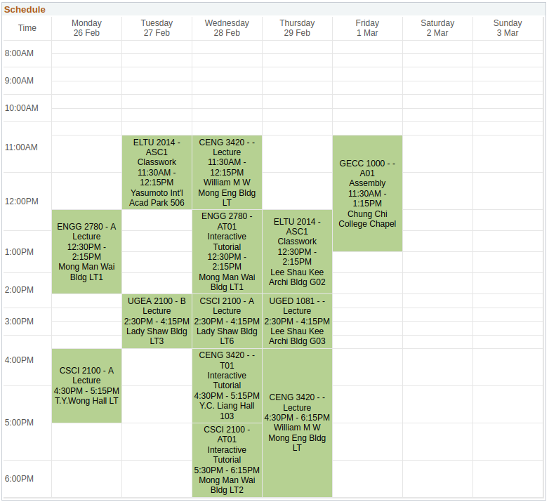 university schedule