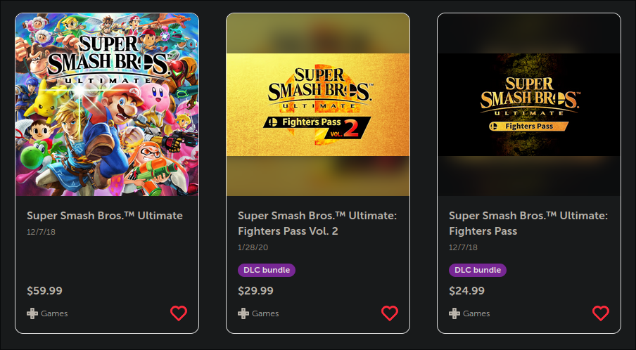 Super Smash Bros. Ultimate DLC bundles costing $29.99 and $24.99